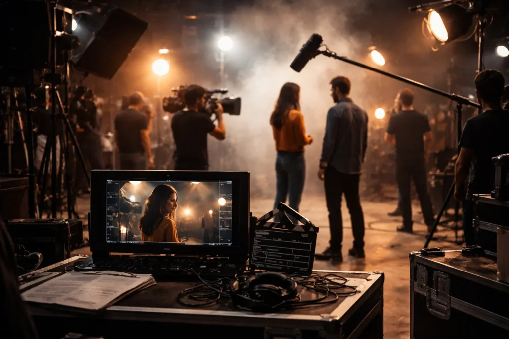 bastidores de uma filmagem com pessoas ao fundo